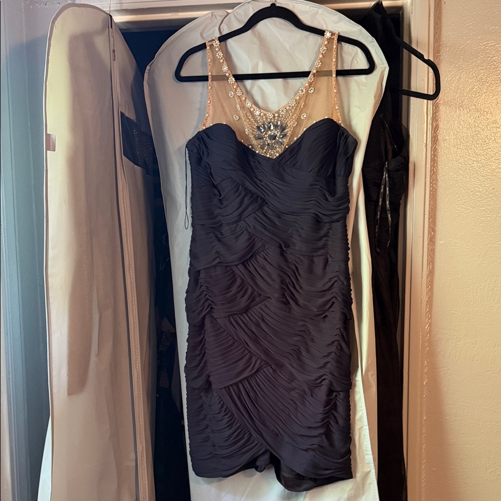 Adrianna Papell Navy Mini Dress with Embellished Neckline